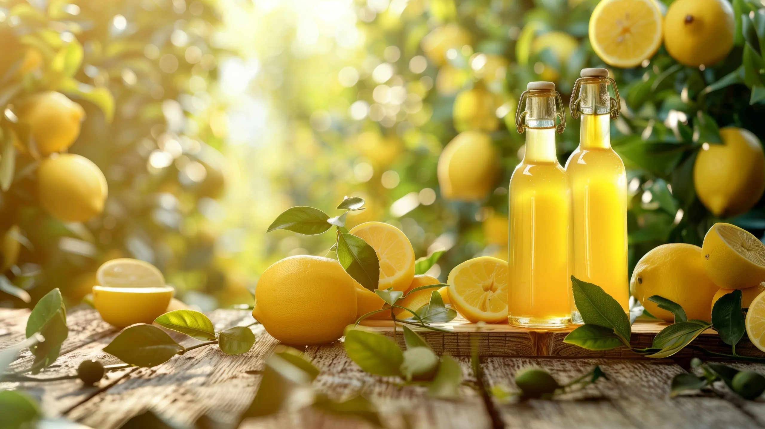 Zitronenlikör in Glasflaschen und reife gelbe Zitronen und ein schöner Sonnenuntergang